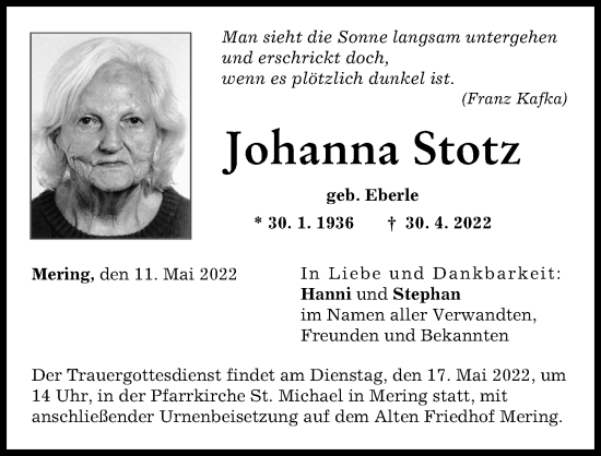 Traueranzeige von Johanna Stotz von Friedberger Allgemeine