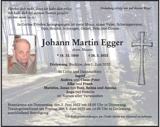 Traueranzeige von Johann Martin Egger von Mindelheimer Zeitung