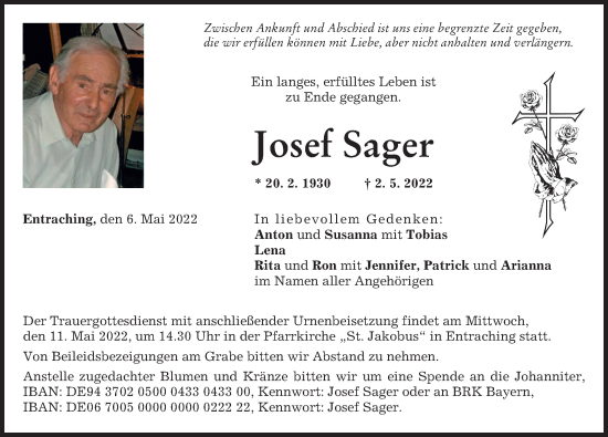 Traueranzeige von Josef Sager von Landsberger Tagblatt