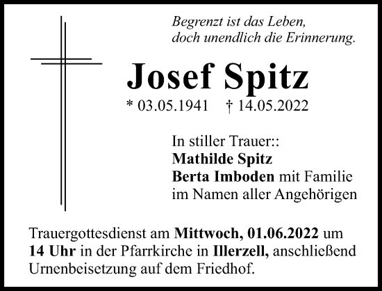 Traueranzeige von Josef Spitz von Neu-Ulmer Zeitung, Illertisser Zeitung