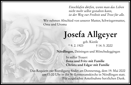 Traueranzeige von Josefa Allgeyer von Rieser Nachrichten