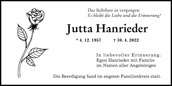 Traueranzeige von Jutta Hanrieder von Augsburger Allgemeine
