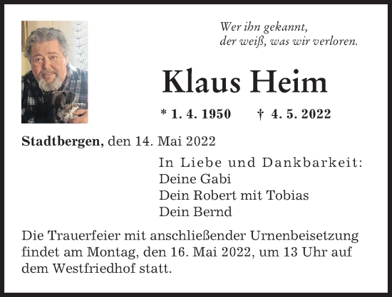 Traueranzeige von Klaus Heim von Augsburger Allgemeine