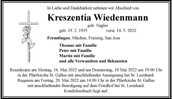 Traueranzeige von Kreszentia Wiedenmann von Rieser Nachrichten