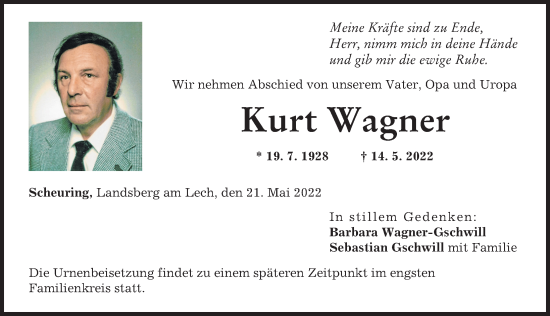 Traueranzeige von Kurt Wagner von Landsberger Tagblatt