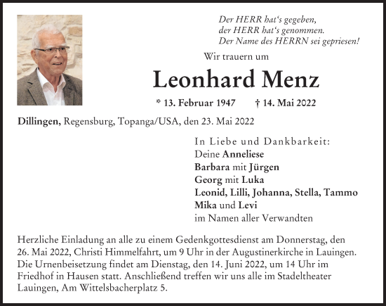Traueranzeige von Leonhard Menz von Donau Zeitung