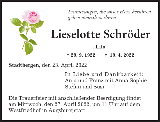 Traueranzeige von Lieselotte Schröder von Augsburger Allgemeine