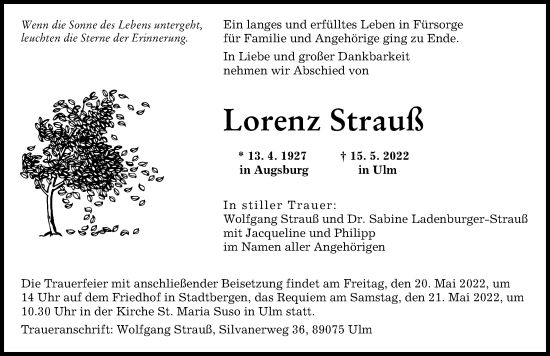 Traueranzeige von Lorenz Strauß von Augsburger Allgemeine