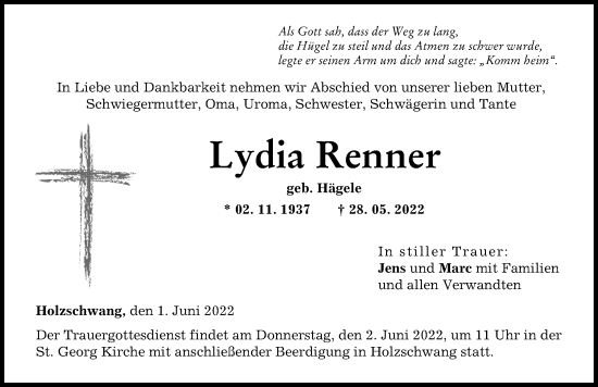Traueranzeige von Lydia Renner von Neu-Ulmer Zeitung