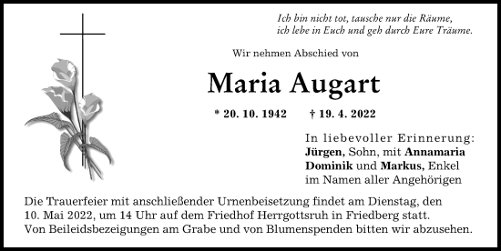 Traueranzeige von Maria Augart von Friedberger Allgemeine