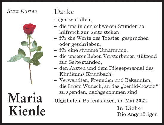 Traueranzeige von Maria Kienle von Illertisser Zeitung