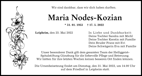 Traueranzeige von Maria Nodes-Kozian von Günzburger Zeitung