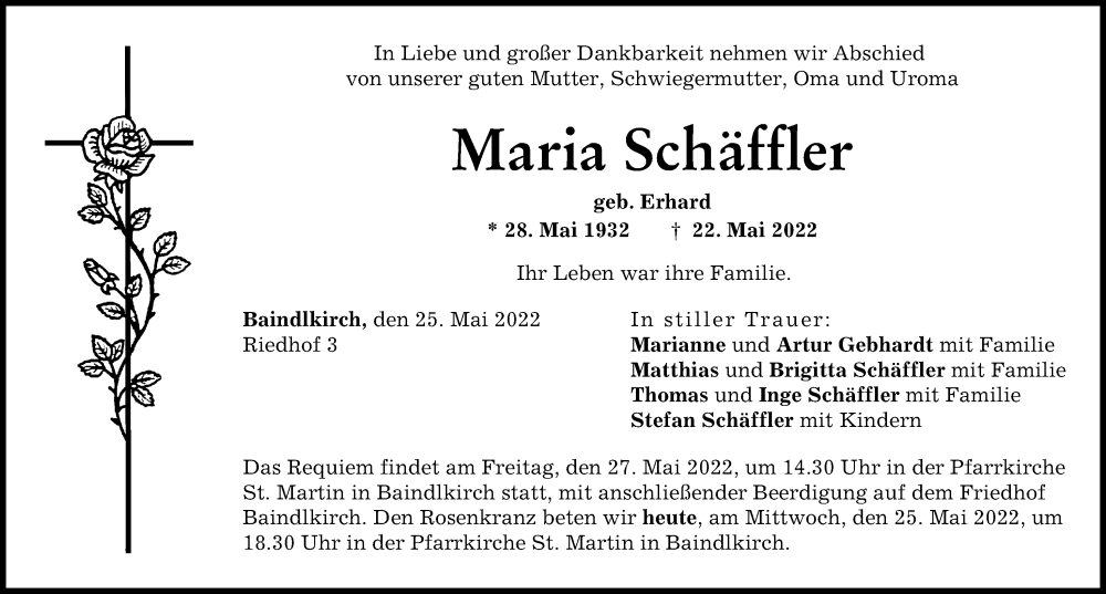 Traueranzeige für Maria Schäffler vom 25.05.2022 aus Friedberger Allgemeine
