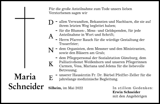 Traueranzeige von Maria Schneider von Neu-Ulmer Zeitung, Günzburger Zeitung