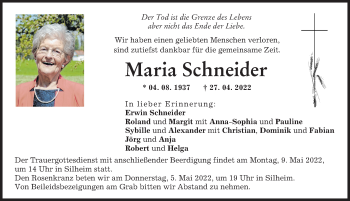 Traueranzeige von Maria Schneider von Günzburger Zeitung, Neu-Ulmer Zeitung