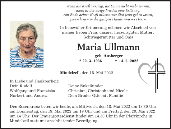 Traueranzeige von Maria Ullmann von Mittelschwäbische Nachrichten
