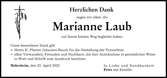 Traueranzeige von Marianne Laub von Günzburger Zeitung