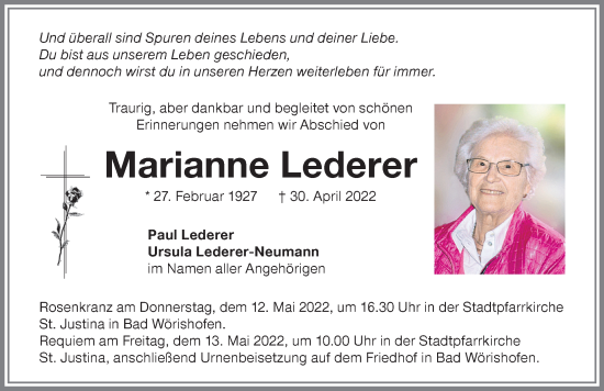 Traueranzeige von Marianne Lederer von Mindelheimer Zeitung