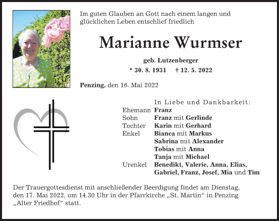 Traueranzeige von Marianne Wurmser von Landsberger Tagblatt