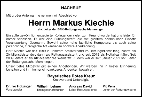 Traueranzeige von Markus Kiechle von Augsburger Allgemeine, Illertisser Zeitung, Mindelheimer Zeitung