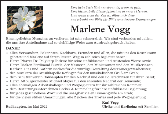 Traueranzeige von Marlene Vogg von Günzburger Zeitung