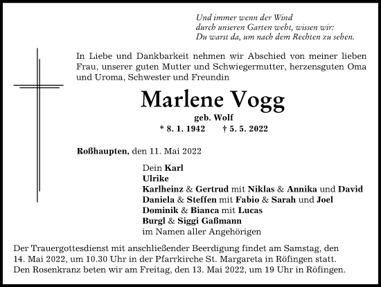 Traueranzeige von Marlene Vogg von Günzburger Zeitung