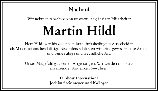 Traueranzeige von Martin Hildl von Rieser Nachrichten