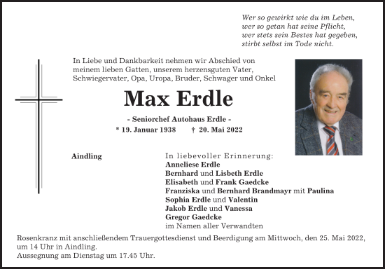 Traueranzeige von Max Erdle von Aichacher Nachrichten