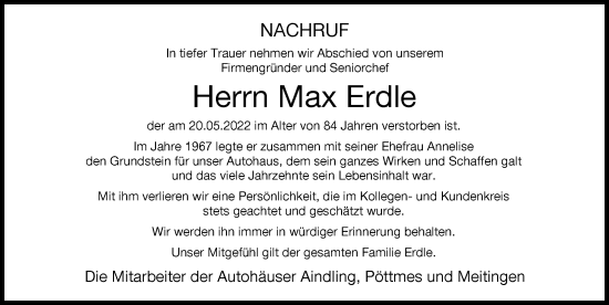 Traueranzeige von Max Erdle von Aichacher Nachrichten