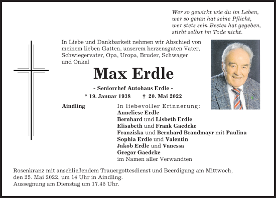 Traueranzeige von Max Erdle von Augsburger Allgemeine