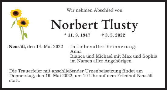 Traueranzeige von Norbert Tlusty von Augsburger Allgemeine