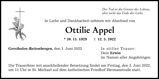 Traueranzeige von Ottilie Appel von Augsburger Allgemeine