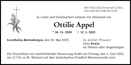 Traueranzeige von Ottilie Appel von Augsburg-Land, Friedberger Allgemeine