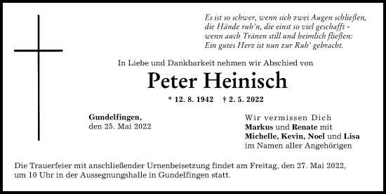Traueranzeige von Peter Heinisch von Donau Zeitung