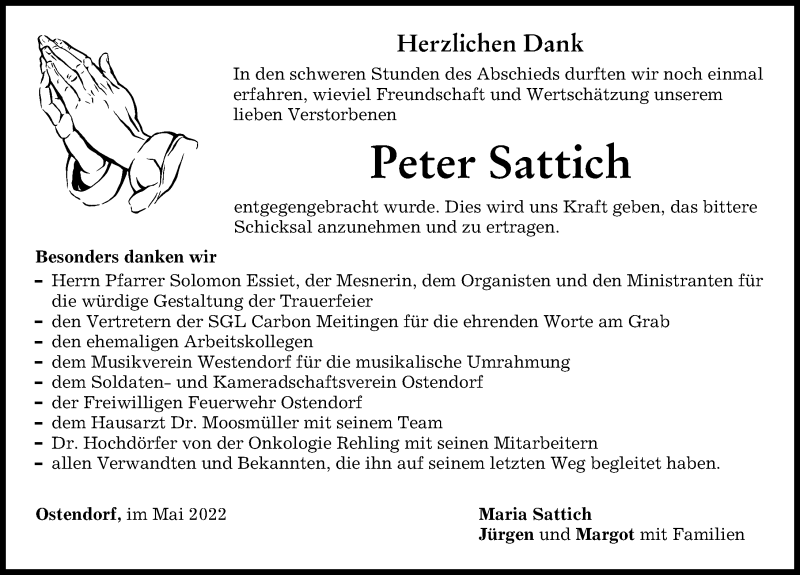  Traueranzeige für Peter Sattich vom 04.05.2022 aus Augsburg-Land