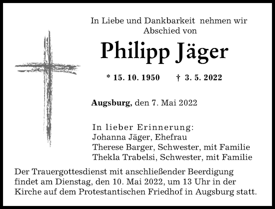 Traueranzeige von Philipp Jäger von Augsburger Allgemeine