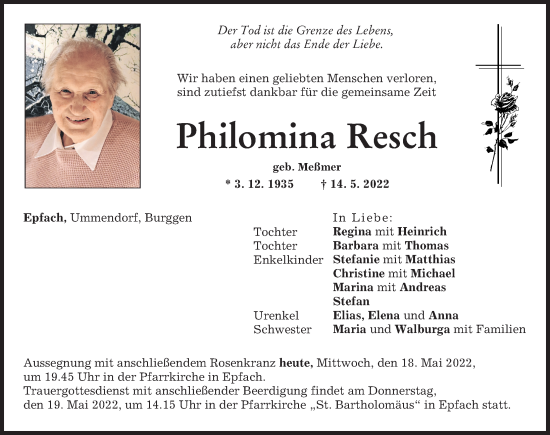 Traueranzeige von Philomina Resch von Landsberger Tagblatt