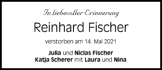 Traueranzeige von Reinhard Fischer von Augsburger Allgemeine
