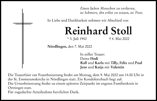 Traueranzeige von Reinhard Stoll von Rieser Nachrichten