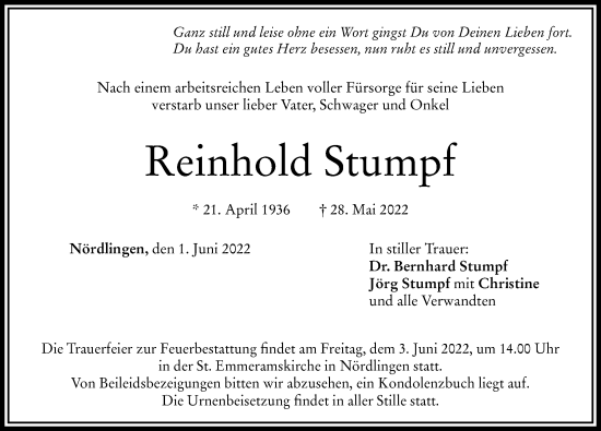 Traueranzeige von Reinhold Stumpf von Rieser Nachrichten