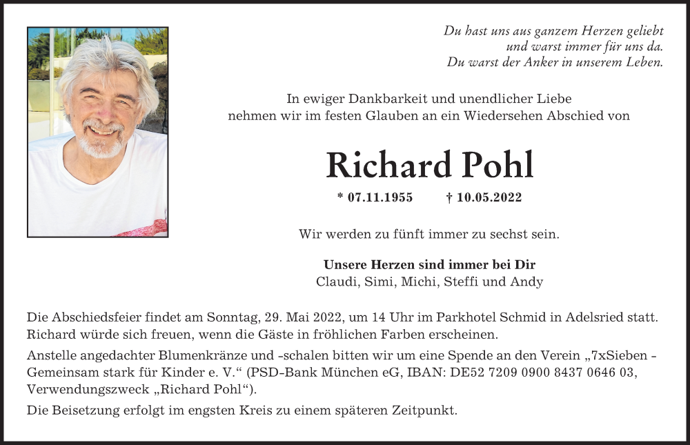  Traueranzeige für Richard Pohl vom 21.05.2022 aus Augsburger Allgemeine