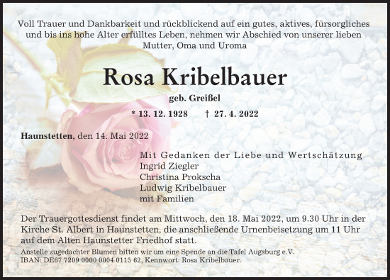 Traueranzeige von Rosa Kribelbauer von Augsburger Allgemeine
