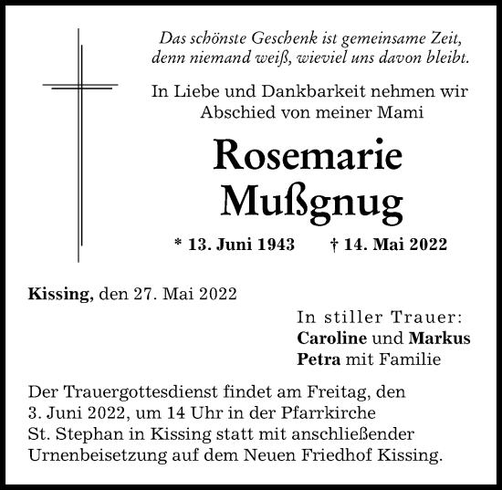 Traueranzeige von Rosemarie Mußgnug von Friedberger Allgemeine