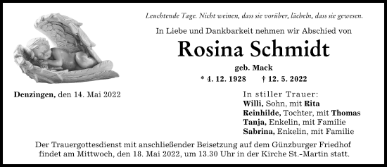 Traueranzeige von Rosina Schmidt von Günzburger Zeitung