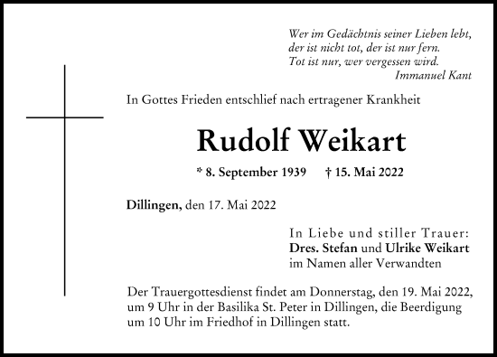 Traueranzeige von Rudolf Weikart von Donau Zeitung