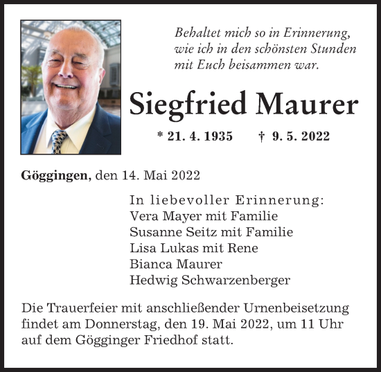 Traueranzeige von Siegfried Maurer von Augsburger Allgemeine