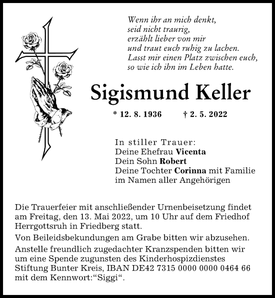 Traueranzeige von Sigismund Keller von Friedberger Allgemeine