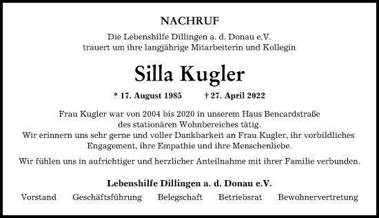 Traueranzeige von Silla Kugler von Donau Zeitung