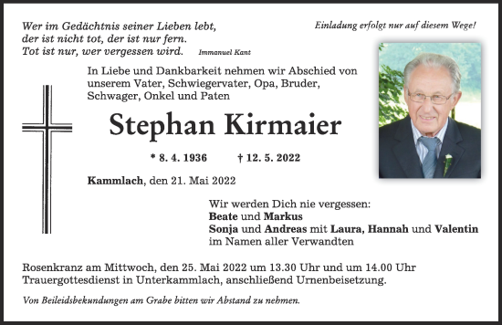 Traueranzeige von Stephan Kirmaier von Mindelheimer Zeitung