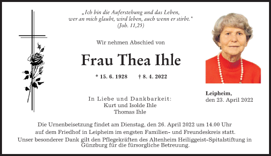 Traueranzeige von Thea Ihle von Günzburger Zeitung